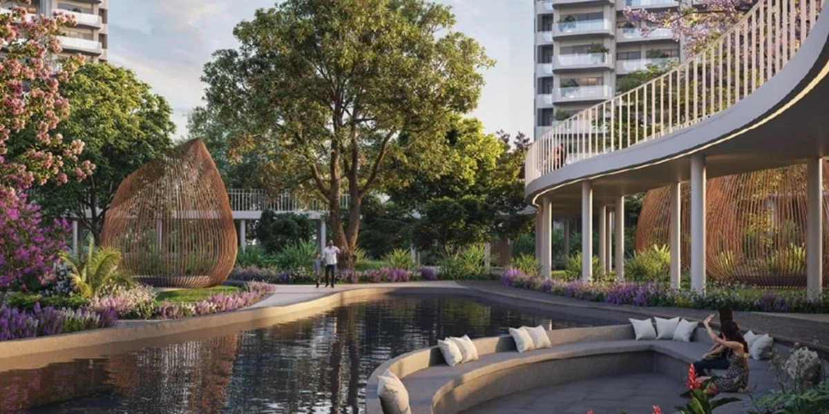 Reflecting pool and garden seating at M3M GIC Lofts M9
