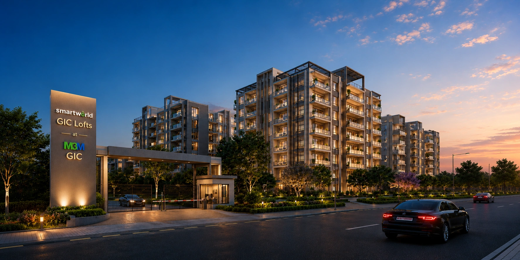 Smartworld GIC Lofts at M3M GIC entrance and towers at dusk